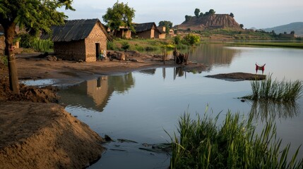 Obraz premium Rural village water reflection serene lake nature landscape tranquil environment sunrise view peaceful concept