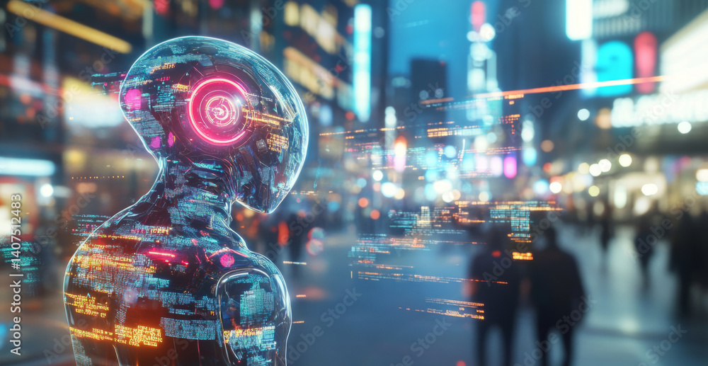 Poster a humanoid robot stands in a bustling city, illuminated by glowing lights and screens.