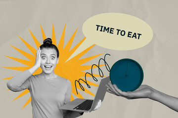 Banner surreal collage of person with clock speak time to eat text on khaki background