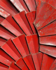 Abstract red fan design, artistic texture, aged wooden detail, vivid color and visual appeal, decorative design.