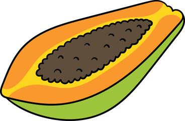 Illustration of a sliced papaya with black seeds and vibrant colors