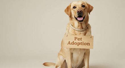 Smiling Labrador retriever promoting pet adoption against a neutral background