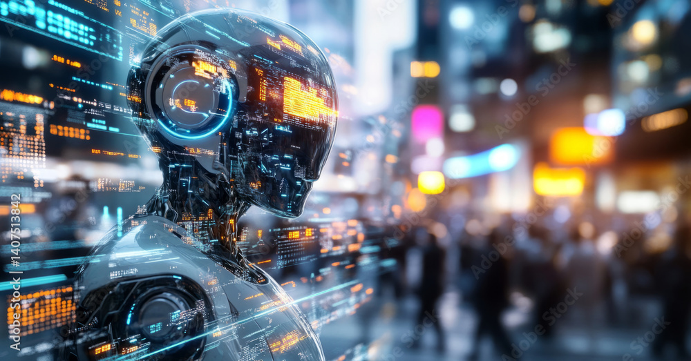 Leinwandbilder in a bustling city, a synthetic robot stands among crowds, analyzing complex data about human intera