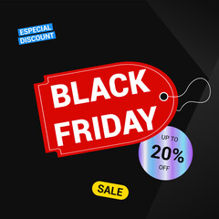 20% off Black Friday Sale Tag. Modern text symbol of Black Friday with holographic sticker and discount offer. Banner template design for social media, web or internet ads. Easy editable eps vector.
