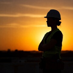 the silhouette female worker with a helmet against a sunset environment