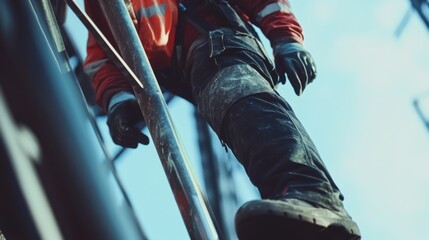Construction worker inspecting scaffolding stability. Featuring safety and diligence