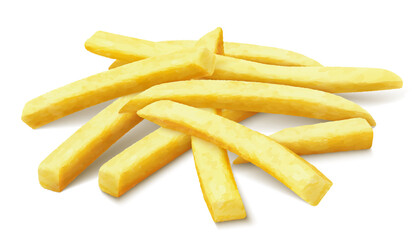 Delicious french fries. French fries are deep-fried potatoes. Yellow sticks, isolated on white background. Fast Food. Unhealthy tasty food. Realistic 3d vector illustration.