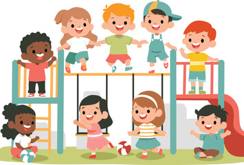 Flat Vector Illustration of Diverse Happy Children Playing on Playground Equipment, Running, Laughing, and Having Fun Together in a Colorful Park Setting on a Bright Sunny Day