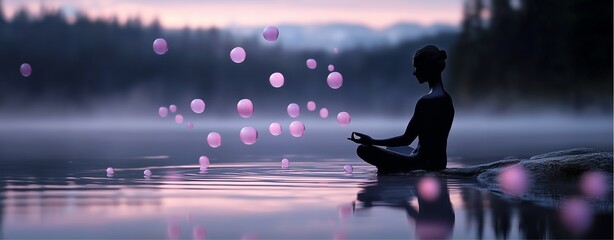 Meditative reflection amidst floating pink lanterns at dawn tranquil lake digital art serene ambiance aesthetic perspective