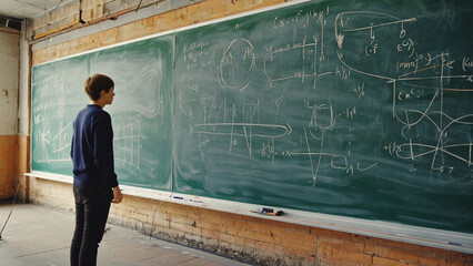 Contemplating Equations: A student stands before a chalkboard covered in complex mathematical equations, lost in thought, in a weathered classroom.