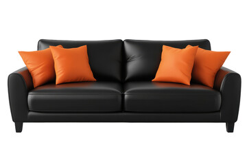 Isolated Black Two-Seater Sofa with Orange Cushions