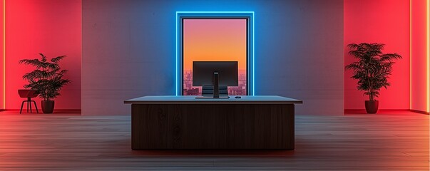 Modern office workspace with neon lighting urban setting digital art contemporary design aesthetic viewpoint