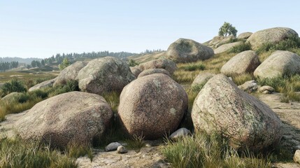 Rolling boulders on a grassy hill