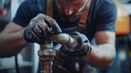 Plumber fixing pipe joints at a construction site. Featuring plumbing work and pipe joining
