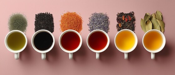 A visual representation of the five types of tea, with each type represented by its unique color and style in white cups on an isolated background. The left side features green, black, oolong, rooibo