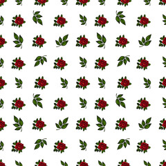 A seamless vector pattern featuring red roses and green leaves on a white background. The design is vibrant and floral, suitable for textiles or wallpapers.