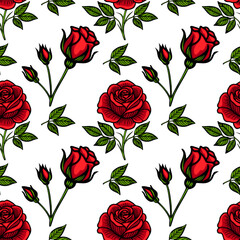 A seamless vector pattern featuring vibrant red roses and green leaves on a white background. The design showcases various stages of rose blooms and buds, creating a lively floral motif.
