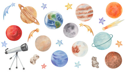 Watercolor illustration. Set of planets and telescope. Hand painted Solar system with star Sun, satellite Moon. Mercury, Venus, Earth, Mars, Jupiter, Saturn, Uranus, Neptune, Pluto. Comets, meteorite