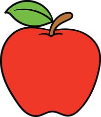 Red apple illustration with a green leaf and brown stem