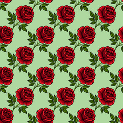 A seamless vector pattern featuring vibrant red roses with green leaves on a light green background. The design is floral and decorative, suitable for textiles