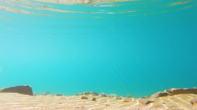 4K shot of camera going under water of the Alpine ChandraTaal lake in Lahaul and Spiti district, Himachal Pradesh, India. Camera goes underwater and shows clear blue water of the Chandratal lake.