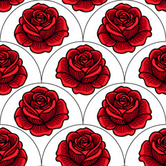 A seamless vector pattern featuring vibrant red roses on a white background, with intricate detailing and a classic design.