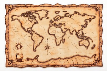 Vintage Aged World Map Illustration on Brown Parchment Background