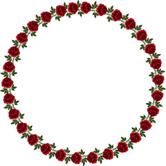 A circular frame made of vector red roses with green leaves, creating a decorative border. The center is empty, suitable for adding text or images.