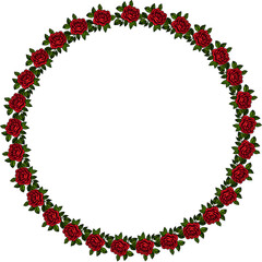 A circular frame made of vector red roses and green leaves, creating a floral border. The center is empty, perfect for adding text or images.