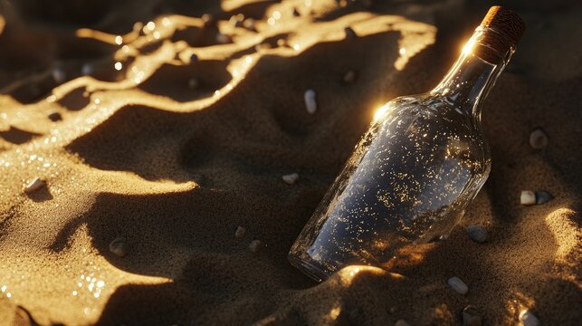 Sunlit glass bottle rests in golden sand.