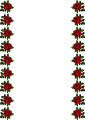 A decorative border featuring vibrant vector red roses with green leaves on a white background. The roses are arranged symmetrically on both sides, creating an elegant frame.