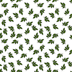 A seamless vector pattern featuring various green leaves on a white background, creating a fresh and natural aesthetic.
