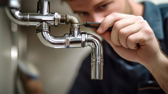 Plumber fixing pipes in a kitchen cabinet. Featuring focus and skill