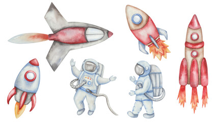 Watercolor illustrations. Space set. Hand painted flying, walking spaceman, astronaut in blue costume. Rockets, spaceships in outer space. Isolated clip art. International Day of Human Space Flight