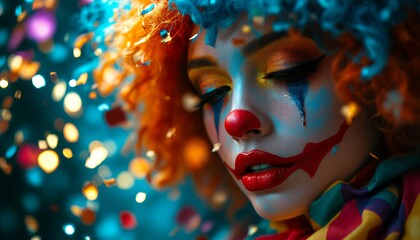 Melancholy Clown Portrait with Confetti and Dramatic Lighting