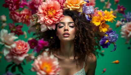 Naklejka premium Serene Young Woman Surrounded by Vibrant Colorful Flowers on Green Background