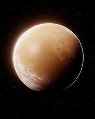 Naklejka premium Detailed rendering of planet Mars, showcasing atmosphere, terrain, and starry backdrop of space, great for educational use.