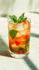 Fototapeta premium Refreshing Summer Cocktail: Strawberry, Mint, and Ice in Elegant Glass, Light and Airy Aesthetic