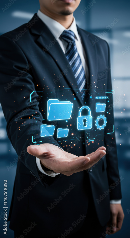 Poster data security in hand: businessman presenting secure file management solutions | cybersecurity, priv