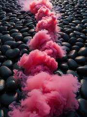 Obraz premium pink smoke spreads over smooth black pebbles