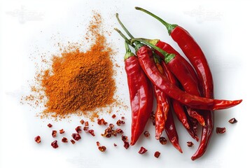 Chili Peppers and Chili Powder on White Background