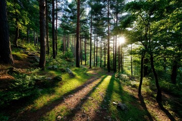 Fototapeta premium Tranquil Sunlight Shines Through Pine Trees on Forest Trail