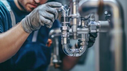 Obraz premium Plumber inspecting pipes in a basement at a construction site. Featuring focus and expertise