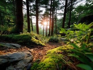 Obraz premium Serene Dawn Light Through Trees Casting Shadows on Lush Ground