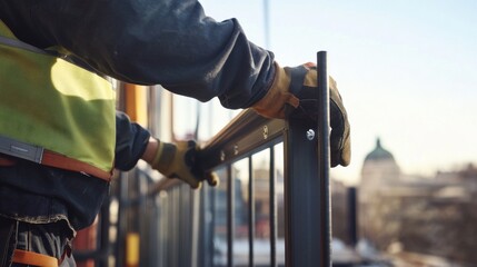 Construction worker installing a steel railing for safety. Featuring attention to detail and security