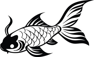 Vector illustration of a koi fish in a black and white vintage style.