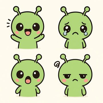 Cute green alien cartoon character showing different emotions&mdash;happy, sad, surprised, and annoyed&mdash;in a kawaii-style expression set.