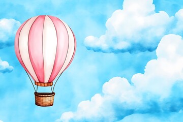 Fototapeta premium Colorful Hot Air Balloon Floating in a Blue Sky with Soft Clouds