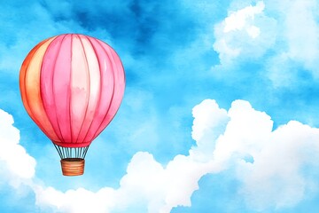 Fototapeta premium Hot Air Balloon Against a Bright Blue Sky with Fluffy Clouds