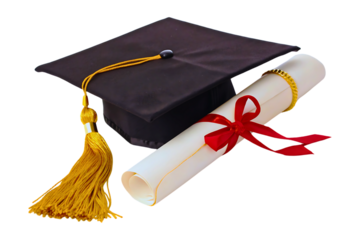 Graduation cap and diploma. Success, education representing academic achievement, set against a transparent background